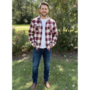 Wrangler RIGGS WORKWEAR Burgundy Plaid Flannel Long Sleeve Button Up Shirt Men's